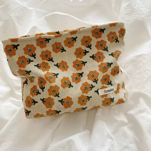 Cosmetic Bag Women Floral Makeup Case Organizer Korean Embroidery Cosmetic Pouch Travel Toiletry Bag Corduroy Canvas Beauty Case